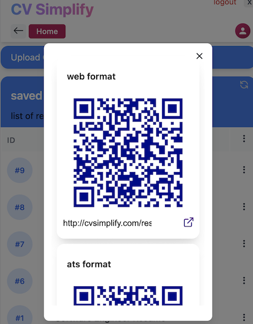 Share resume in any of the three formats web, text, ATS using QR code or URL
