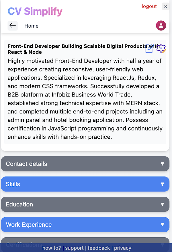 edit education, work experience, summary