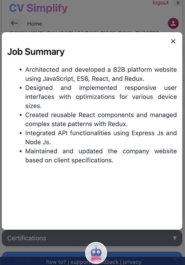 edit work experience, summary using Ganu